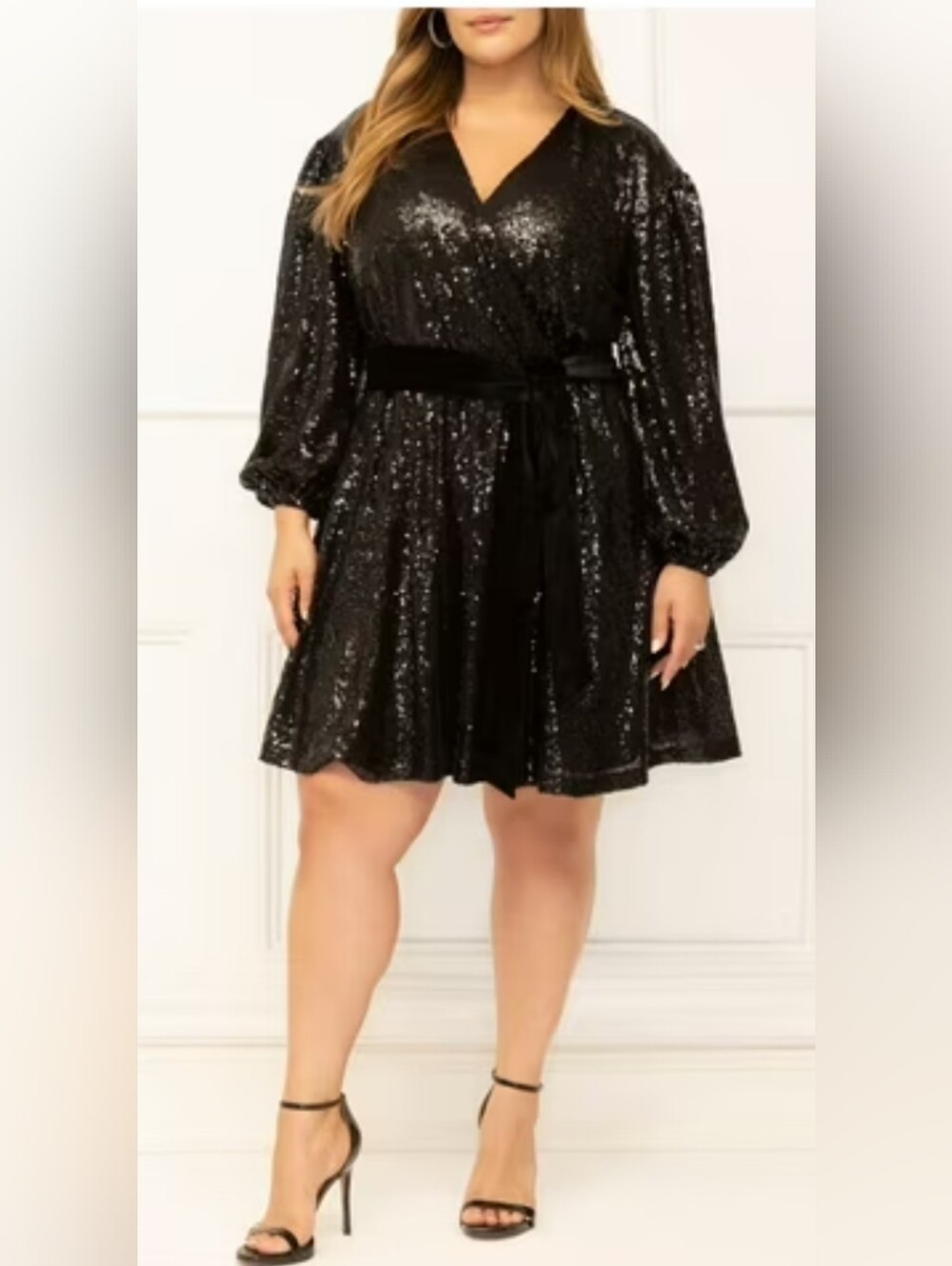 Eloquii Black Sequin Wrap Mini Dress with Waist Tie